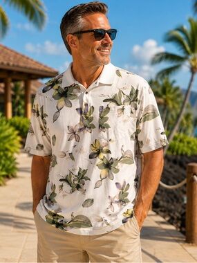 Men's Cream Floral Polo Shirt with Green Accent - Classic Summer Style